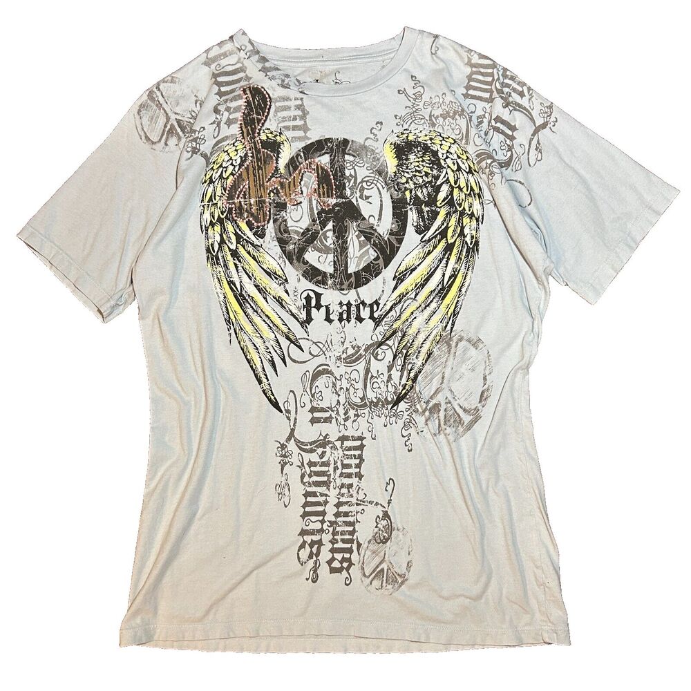 y2k Vintage Resurge Short Sleeve Angle Wings T-Shirt Crew Neck White Grunge Sz L